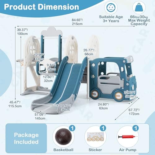 OLAKIDS Toddler Slide and Swing Set, 5 in 1 Bus Themed Baby Slide with Climber Basketball Hoop Car Playhouse for Indoor Outdoor Boys Girls Aged 3+ (Blue) — view 6