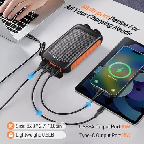 Solar Power Bank 20000mAh, Orange Portable Charger with USB-C USB-A Outputs, Emergency Backup Battery Pack, LED Flashlight, for iPhone Samsung Android – Solar for Emergency Only, Perfect for Camping — view 2