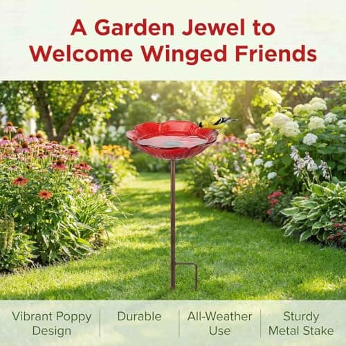 2026 New Metal Flower Garden Stakes Bird Bath, Handmade Mini Birdbath Flower Stake, Butterfly Bee Bath Bowl for Outdoor Lawn Yard Decor (Red+Red) — view 3