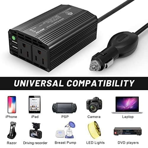 BESTEK 300W Power Inverter DC 12V to 110V AC, Durable Aluminum Housing Car Charger Adapter with 4.8A Dual USB Fast Charging Port, Car Plug in Cigarette Lighter Outlet for Laptop — view 2