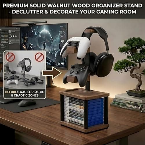 Solid Wood Headphone Stand & Controller Holder with Video Game Storage Base — view 4