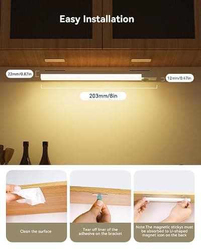 Rihvy Under Cabinet Lights 8 Inch 3-Pack, Rechargeable Battery Operated Motion Sensor Light Indoor, Dimmable Closet Lights, Wireless Under Counter Lights for Kitchen, Stairs