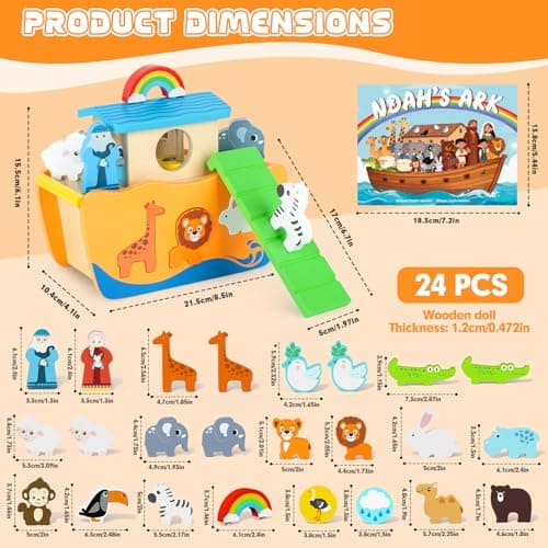 Hoarosall 27-Piece Wooden Noah's Ark Toy for 1-3 Year Olds Baptism Christmas Birthday Gift Bilingual Bible Story Montessori Shape Sorter Christian Educational Toy for Boys Girls — view 3