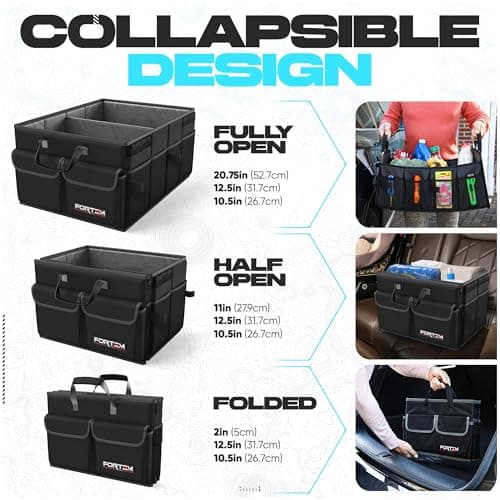 FORTEM Car Trunk Organizer, Collapsible Multi Compartment Car Organizer, Foldable SUV Storage for Car Accessories for Women Men, Soft Cover (Black) — view 5