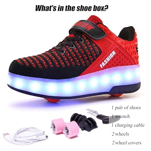 Ufatansy Roller Shoes Girls Boys Sneakers Roller Skate Shoes Kids Skateboarding Shoes USB Charging Light Up Wheels Skates(13 M US=31CN,Red) — view 4