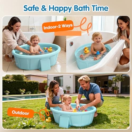 Baby Bathtub with Inflatable Top Edge, Extra Stable Infant Bath Tub, Collapsible & Portable for Baby Bath Time, No Tilt Design for 12M-6Y Toddler, No Assembly for Travel Shower — view 4