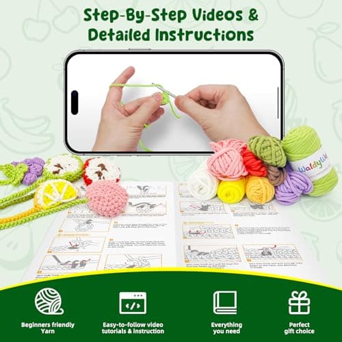 WaldyWop Crochet Kit for Beginners: 5 PCS Fruit Bookmarks Crochet Kits w/ 40% Extra Yarn, Accessories - Easy Video Tutorials & Instructions for Starter Adults - DIY Christmas Gift Set for Her Women — view 2