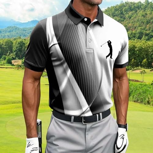 Golf Shirts for Mens Geometric Print Short Sleeve T-Shirts Quick Dry Button Up Collared Tops Calssic Tennis Hiking Top — view 4