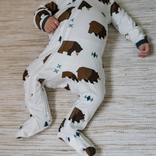 ZIPPYJAMZ Baby Sleepers, Organic GOTS Cotton Footed Onesies, Inseam Zipper for Quicker and Easier Diaper Changes - Little Grizzle (9-12 Months) — view 2