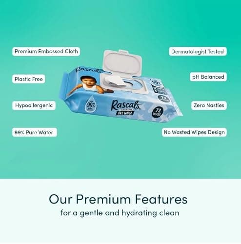 Rascals Premium Baby Wipes, 99% Water, 480 Count, Plastic-Free, Hypoallergenic, pH Balanced, Gentle for Daily Use — view 3