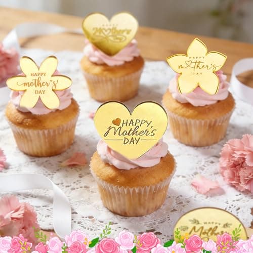 SKTMH 9Pcs Happy Mother's Day Cupcake Toppers, Mirror Acrylic Cupcake Toppers for Mother's Day Birthday Day Cake Decorations, Butterfly/Flower/Heart Shape Designed Cake Decorations — view 5