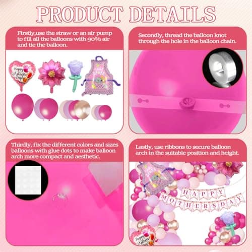 112PCS Mother's Day Balloons Arch Garland Kit Mothers Day Decorations Foil Mothers Day Balloon Flower Best Mom Balloon Latex Hot Pink Rose Gold Pink Balloons Happy Mother's Day Banner Birthday Decor — view 5