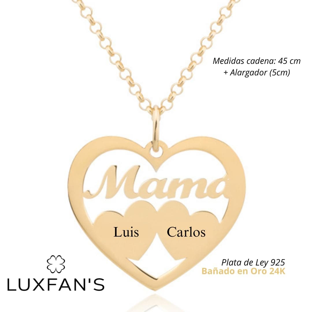 Collar Corazón para Mujer en Plata de Ley 925 personalizable con Nombres de Hijos. Cadena de 45 cm. Ideal para regalar a madres, abuelas en Cumpleaños, Navidad. Hecho en España. (2 Corazones Oro) — view 2