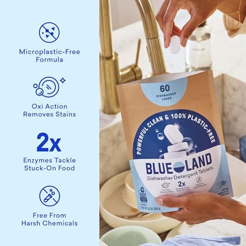 BLUELAND 100% Plastic-Free Dishwasher Detergent Tablets, 60 Count, Free & Clear, Eco-Friendly Dishwashing Pods, Cuts Grease & Stuck on Food, Rinses Clean for Streak-Free Shine — view 2