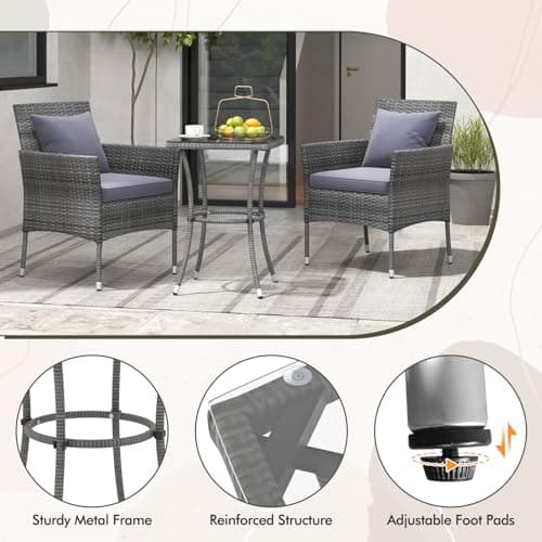 DORTALA Wicker Patio Furniture Set 3 Piece, Small Outdoor Table & Chairs with Tempered Glass Tabletop, Cushions, Rattan Conversation Bistro Set for Balcony, Porch, Backyard, Deck, Mix Gray+Gray — view 4