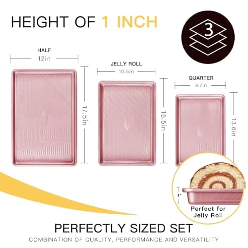 HONGBAKE Baking Sheet Pan Set, Cookie Sheets for Oven, Nonstick Half/Quarter/Jelly Roll Pans with Diamond Texture Pattern, Heavy Duty Cookie Tray, Pink — view 4