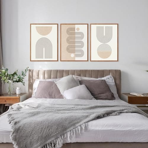 CHDITB Mid-Century Modern Framed Canvas Wall Art Set of 3, Neutral Art Boho Wall Decor, Beige Geometric Wall Painting, Abstract Minimalist Art Prints for Living Room, Bedroom (12X16 Inch) — view 2