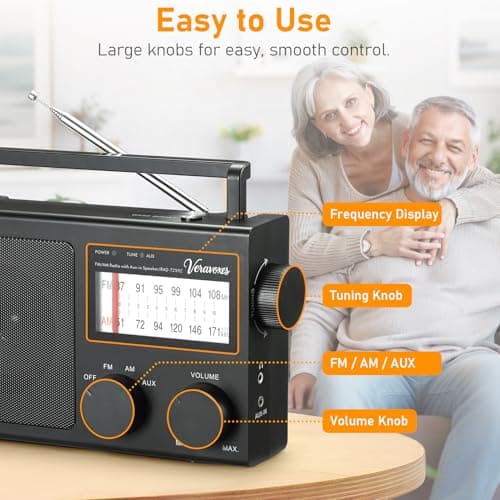 VERAVOXES Portable AM/FM Radio with Bass Control, Equipped with a Built-in high-Power Speaker, Headphone Jack, and AUX Audio Input, Battery or AC Power Operation (Black) — view 3