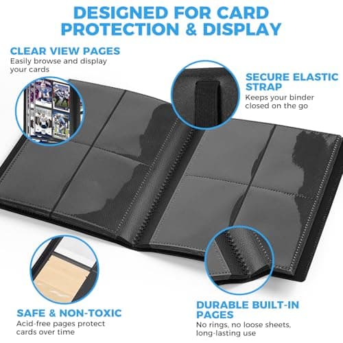 DSCD 4-Pocket Mini Card Binder: 160 Double Sided Sports & Trading Card Collector Album with 20 Sleeves - Kids Strapped Card Holder for TCG NHL Baseball Football Hockey Games (Black） — view 3