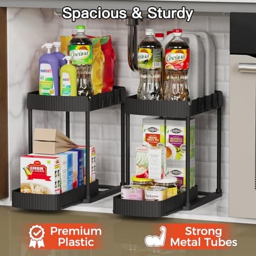 Ukeetap Multi-Purpose Pull-Out Storage Organizers, Under Sink/Cabinet Organizers and Storage for Bathroom & Kitchen, Black, 12.8 Inches, 2 Packs — view 2