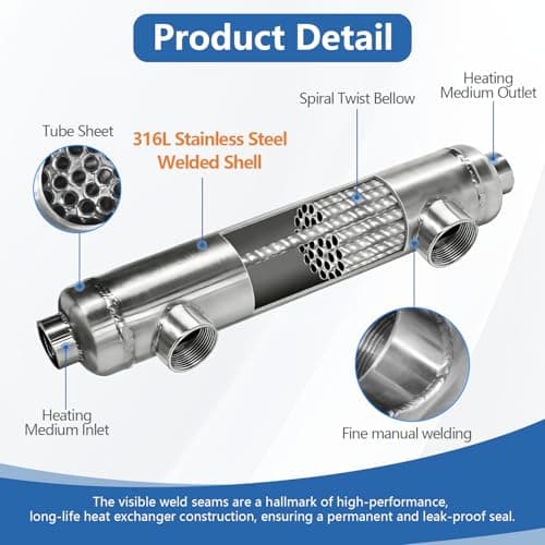 1200K BTU Stainless Steel 316L Pool/Hot Tub/Spa Heat Exchanger Same Side Ports 2 1/2" & 2" FPT