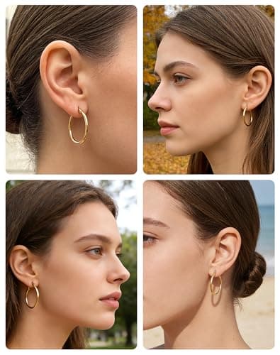 4 Pairs Gold Silver Hoop Earrings for Women Stainless Steel 14K Gold Plated Huggie Earrings Hypoallergenic Lightweight Earring (10-20mm) (Gold - 4 Pairs) — view 3
