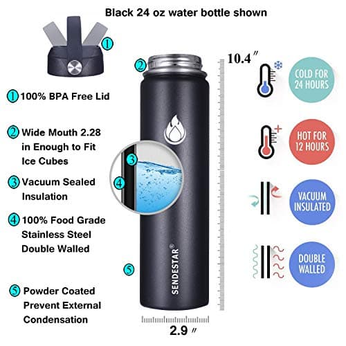 SENDESTAR Insulated Water Bottle 24 OZ, Wide Mouth 24 oz Water Bottle with Straw Lid, Spout Lid, Double Wall Vacuum Stainless Steel Leak Proof, Keeps Liquids Hot or Cold — view 2