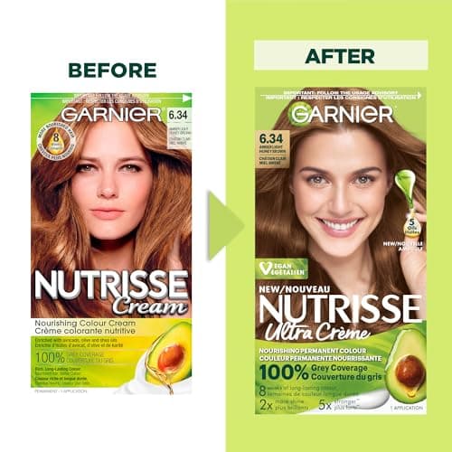 Garnier Nutrisse Ultra Crème, Permanent Hair Dye, 100% Grey Coverage, Vegan Formula, Nourished Hair, Long-Lasting Rich Colour, 6.34 Amber Light Honey Brown, 1 Application, Packaging May Vary — view 4