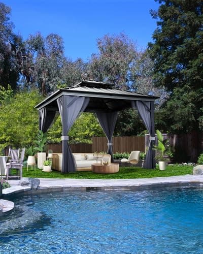 IDEALHOUSE 10' x 10' Outdoor Gazebo, Hardtop Patio Gazebo with Double Metal Roof, Mosquito Netting and Privacy Curtains, Permanent Canopy Shelter for Backyard, Garden, Lawn, Deck — view 5