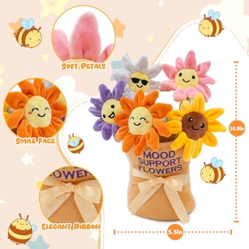 GERBIT Stuffed Animal Sunflower Plush Toys, 5 Pcs Mood Support Sunflower Plush and Plushies with Carry Basket, Funny Squeeze Toys Home Desk Decor Cheer up Doll Gift for Kids Adults Friends Her Sister