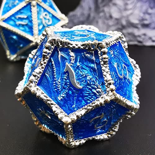 HAOMEJA Metal Dragon Dice Set DND 7 Set Dice Role Playing Dice D&D Dungeons and Dragons (Silver Blue) — view 5