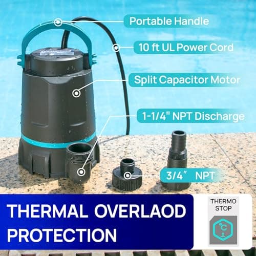 Aquastrong Sump Pump 1 HP 4500 GPH Submersible Water Pump Thermoplastic Portable Utility Pump High Flow Water Removal for Swimming Pool Garden Pond Basement Window Wells with 10ft Long Power Cord — view 4