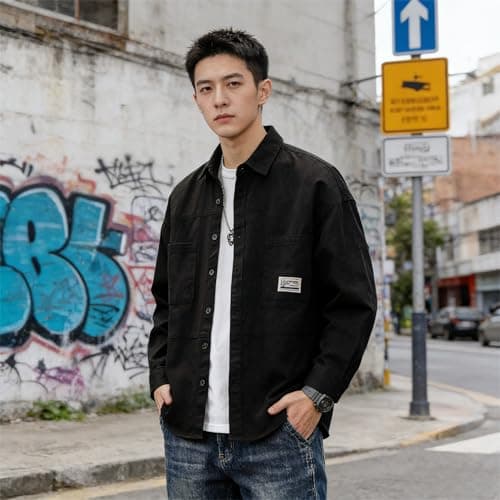 Men’s Utility Shirt Jacket, Heavyweight Canvas Long-Sleeve Button-Front Workwear Top with Chest Pockets, A-black, X-Large — view 2