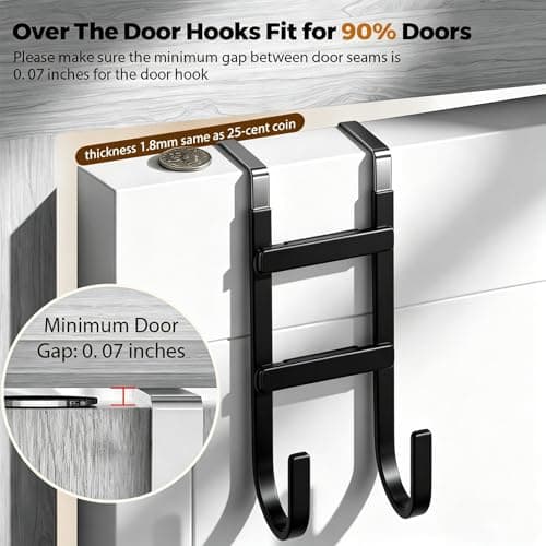 BAKON Over-the-Door Hooks, 2 Pack Heavy Duty Door Hanger with Anti-Scratch Rubber for Hanging Coat, Towel, Bag, Fits 1-3/8" Interior Doors, Ideal for Bathroom, Living Room and Kitchen, Black