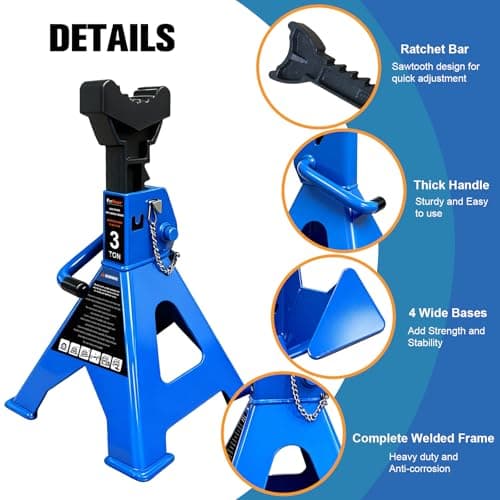 3 Ton Jack Stands Heavy Duty 6,600 LBs, Car Jack Stand for Trucks with Double Pin Locking & Extra Rubber Pads, 11.3"-16.5" Adjustable for Garage, Home,DIY Vehicle Lifting, 1 Pair Blue — view 3