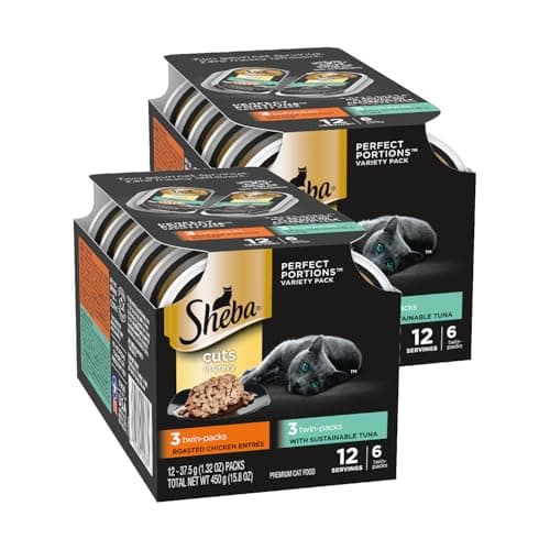 Sheba Perfect Portions Wet Cat Food Cuts in Gravy, Cat Food Wet Recipe, with Sustainable Tuna, Roasted Chicken Entree, 2.6 oz. Twin-Pack Trays (6 Count, 12 Servings) (Pack of 2)