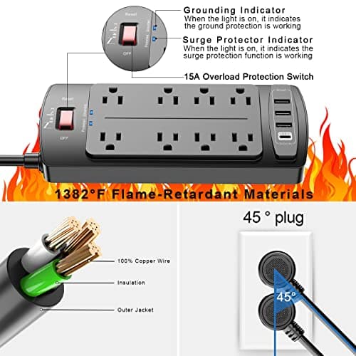 Surge Protector Power Strip - Nuetsa Flat Plug Extension Cord with 8 Outlets and 4 USB Ports, 6 Feet Power Cord, 2700 Joules, ETL Listed, Black — view 5
