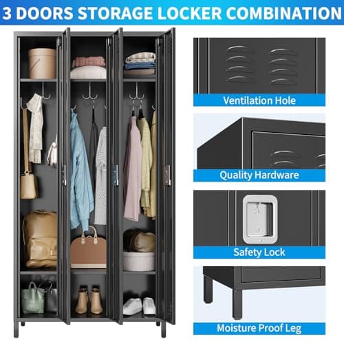 GarveeHome 3-Door Metal Locker with Lock 71 Inch High, Heavy Duty Storage Locker for Employees School Office Gym Home Garage, Multi-Use Industrial Locker Cabinet, Easy Assembly, Black — view 4