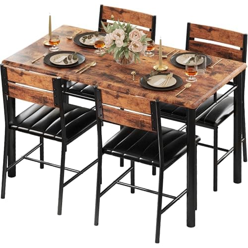 IRONCK Dining Table Set for 4, Wood Kitchen Table with Upholstered Chairs for Kitchen Room and Small Spaces (Rustic Brown)