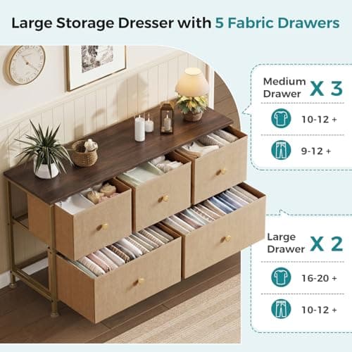 OLIXIS 5 Drawer Dresser for Bedroom, Storage Organizer for Closet, Khaki — view 3