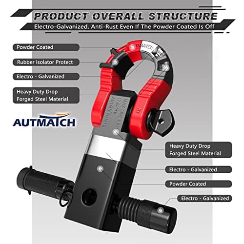 AUTMATCH Shackle Hitch Receiver 2" with 3/4" Mega D Ring Shackle and 5/8" Trailer Hitch Lock Pin, 68,000 Lbs Break Strength Heavy Duty Receiver Towing Kit for Off-Road Vehicle Recovery, Black & Red — view 3