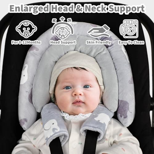 Baby Car Seat Head Support with Extra Headrest, 2-in-1 Babybody Supports with Shoulder Pads Set for Newborn, Adjustable Infant Car Seat Insert Compatible with Stroller, Baby Swing, (Grey Elephant) — view 4