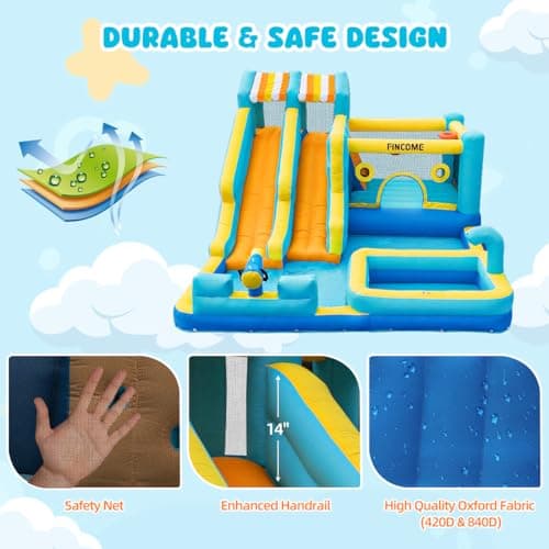 FINCOME Inflatable Bounce House, 10 in 1 Double Water Slide Bounce House with 750W Blower, Climbing Wall, Jumping, Water Gun, Splash Pool, Basketball Hoop for Kids Indoor Outdoor Backyard — view 2