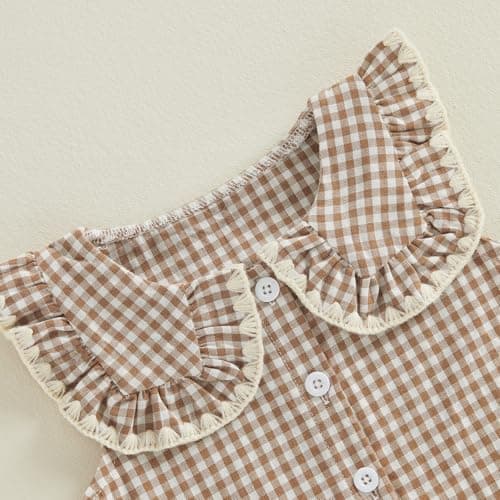 Toddler Baby Girl Clothes Summer Outfit Plaid Gingham Short Sleeve Shirt Sleeveless Tank Tops Pants Set (A6 Khaki, 2-3T) — view 3
