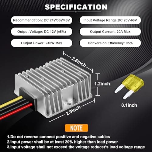 BIUIOY 36V 48V to 12V Step Down Converter for Golf Cart, 20A 240W DC-DC Converter with Fuse & Terminal Block, Premium Voltage Reducer for RV Accessories, Solar Systems, LED Lights