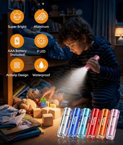 LED Mini Flashlights 6 Pack, 9-LED Small Flashlight with Lanyard, Assorted Color Aluminum Pocket Flashlight, AAA Battery Powered Handheld Lights for Kids, Camping, Home Emergencies, Night Reading — view 3