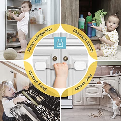 4our Kiddies 10 Pack Baby Proof Cabinet Locks, Child Safety Drawer Locks with 6 Extra 3M Adhesives, Childproof Cabinet Strap Locks for Drawers, Cupboards, Refrigerators, Adjustable No Drilling