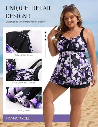 Hanna Nikole Women Plus Size Tankini Swimsuit, Two Piece Bathing Suits with Shorts, 2026 Flowy Swimwear Purple White Flowers 24W — view 2