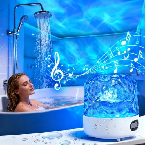 Relaxing Shower Light with Music Speaker, Waterproof Shower Lamp with White Noise, 16-Color Ocean Wave Projector Light with Remote & Touch Control, Rechargeable Bathroom Lamp for Shower & Bathtub