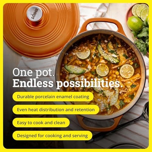 Lodge Essential Enamel Cast Iron Dutch Oven 6 Quarts - Perfect for Bread Baking, Braising, Marinating & Slow Cooking, Features Moisture-Sealing Lid & Dual Handles, Kitchen Essentials, Apricot